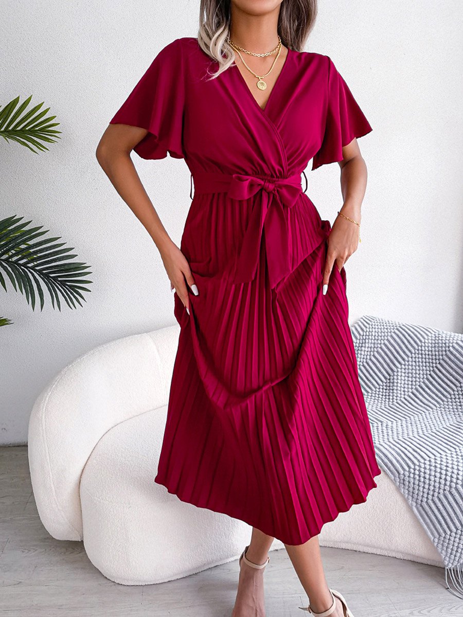 Burgundy Pleated Maxi Dress with Tie-Belt