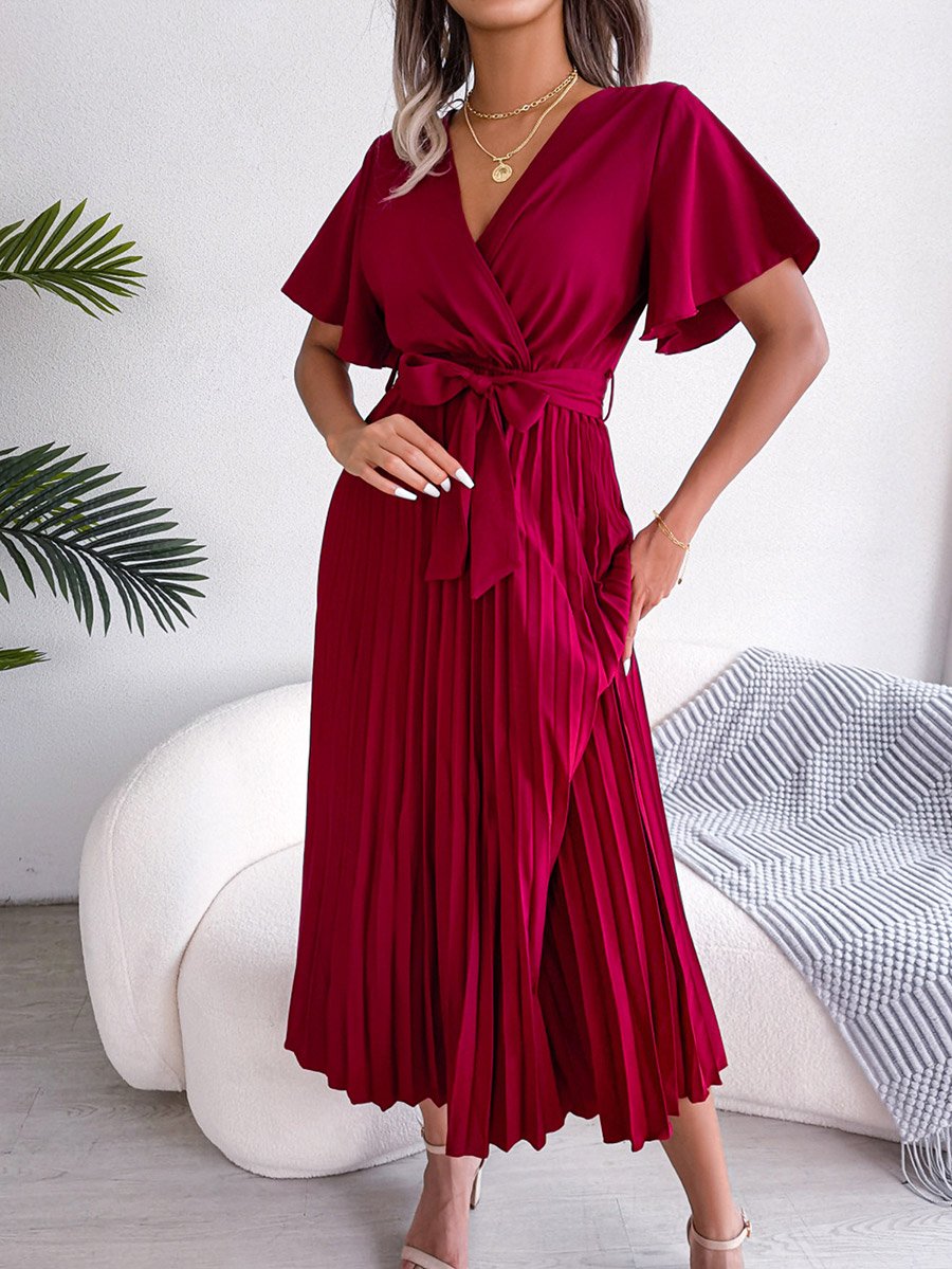 Burgundy Pleated Maxi Dress with Tie-Belt