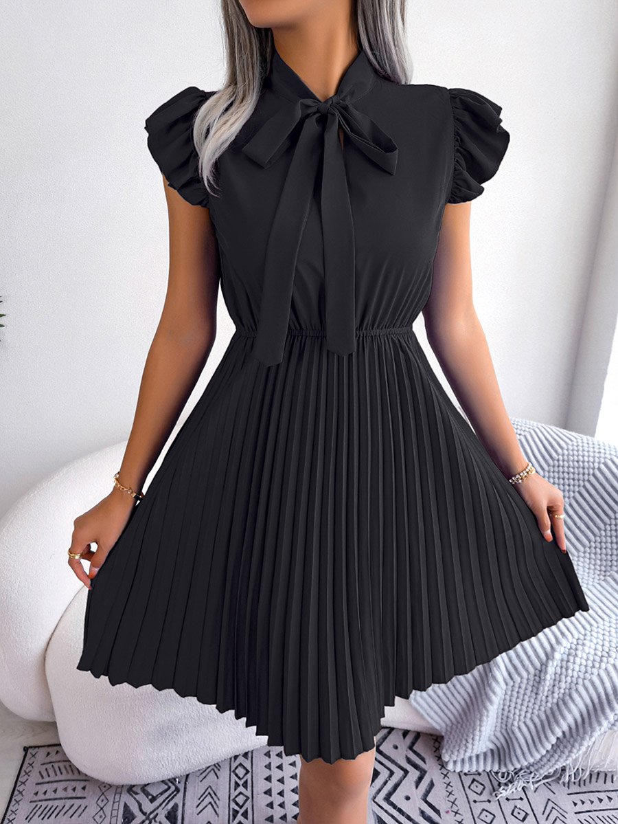Black Solid Ruffle Sleeve Pleated Mini Dress