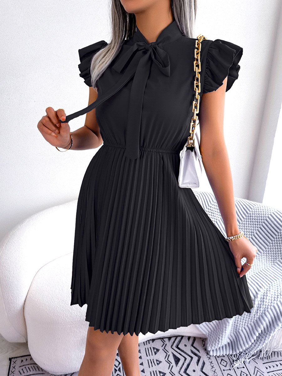 Black Solid Ruffle Sleeve Pleated Mini Dress