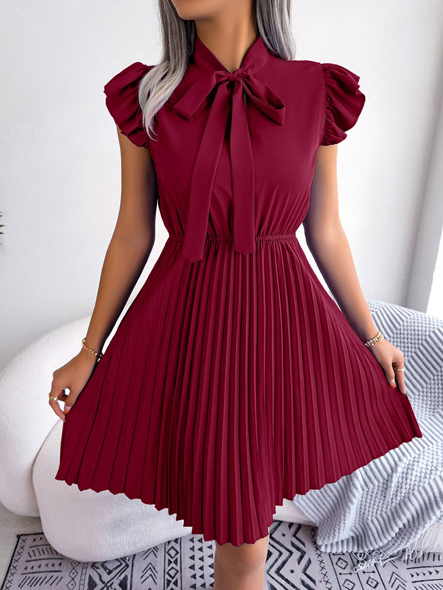 Burgundy Solid Ruffle Sleeve Pleated Mini Dress