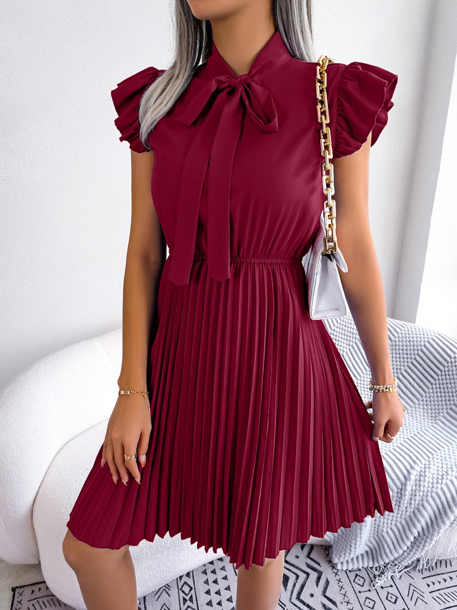 Burgundy Solid Ruffle Sleeve Pleated Mini Dress