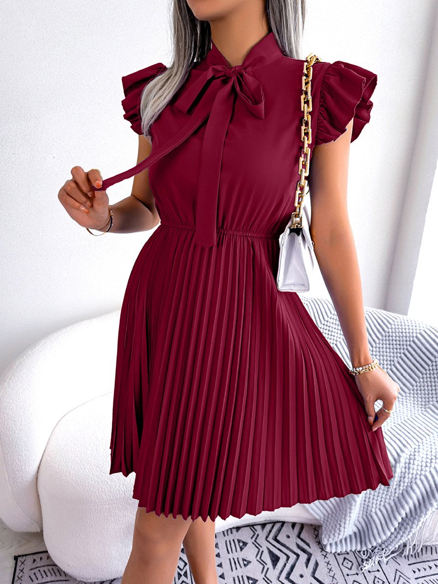Burgundy Solid Ruffle Sleeve Pleated Mini Dress
