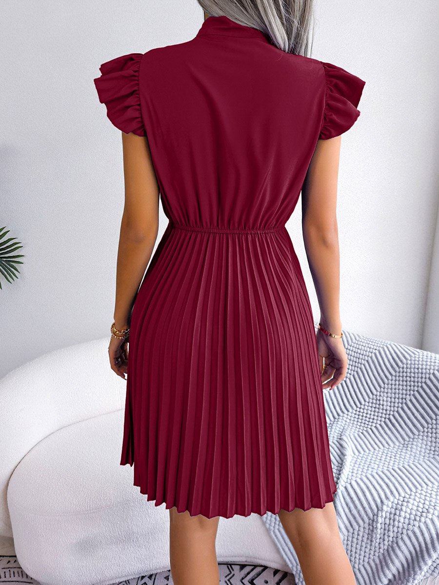Burgundy Solid Ruffle Sleeve Pleated Mini Dress
