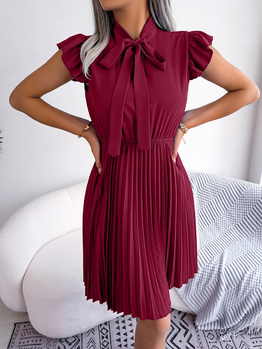 Burgundy Solid Ruffle Sleeve Pleated Mini Dress