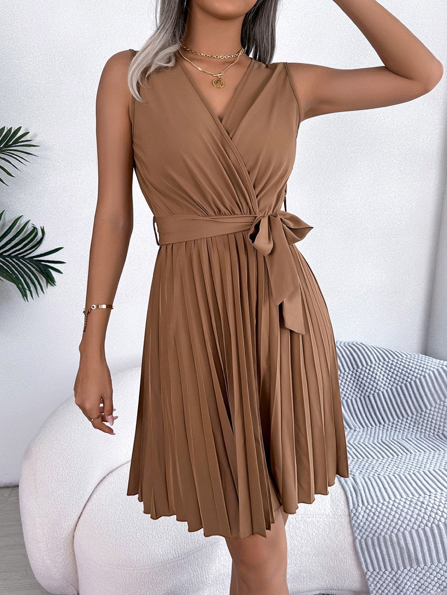 Beige Sleeveless Pleated Mini Dress