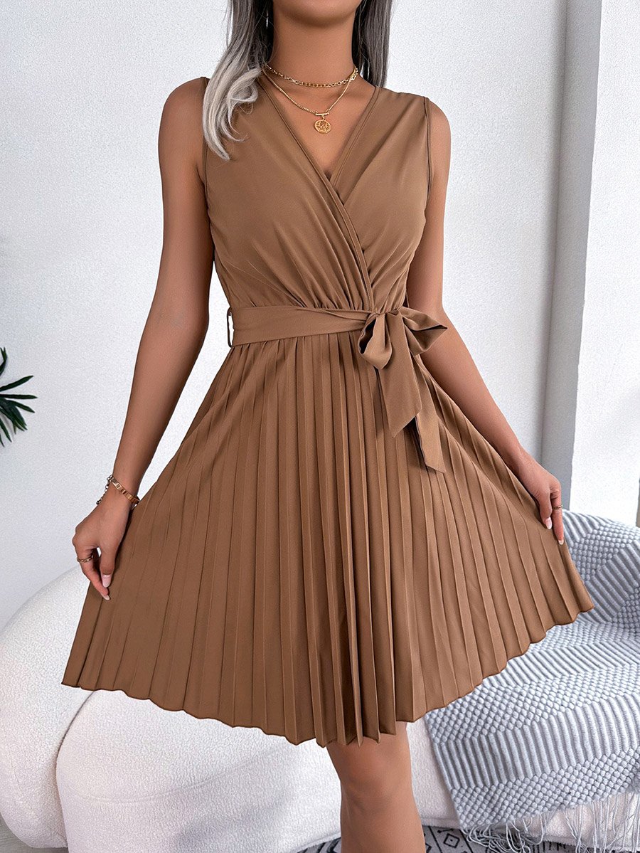 Beige Sleeveless Pleated Mini Dress