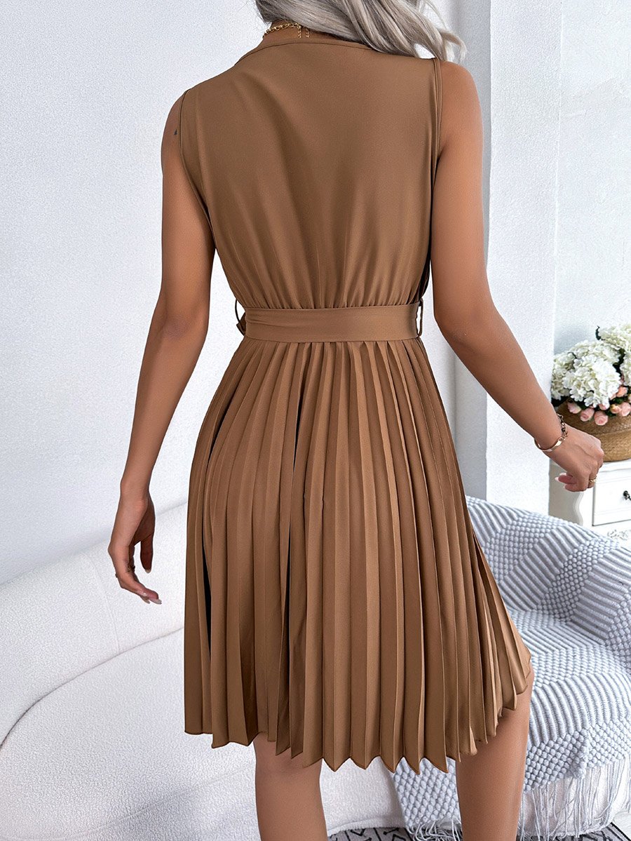 Beige Sleeveless Pleated Mini Dress