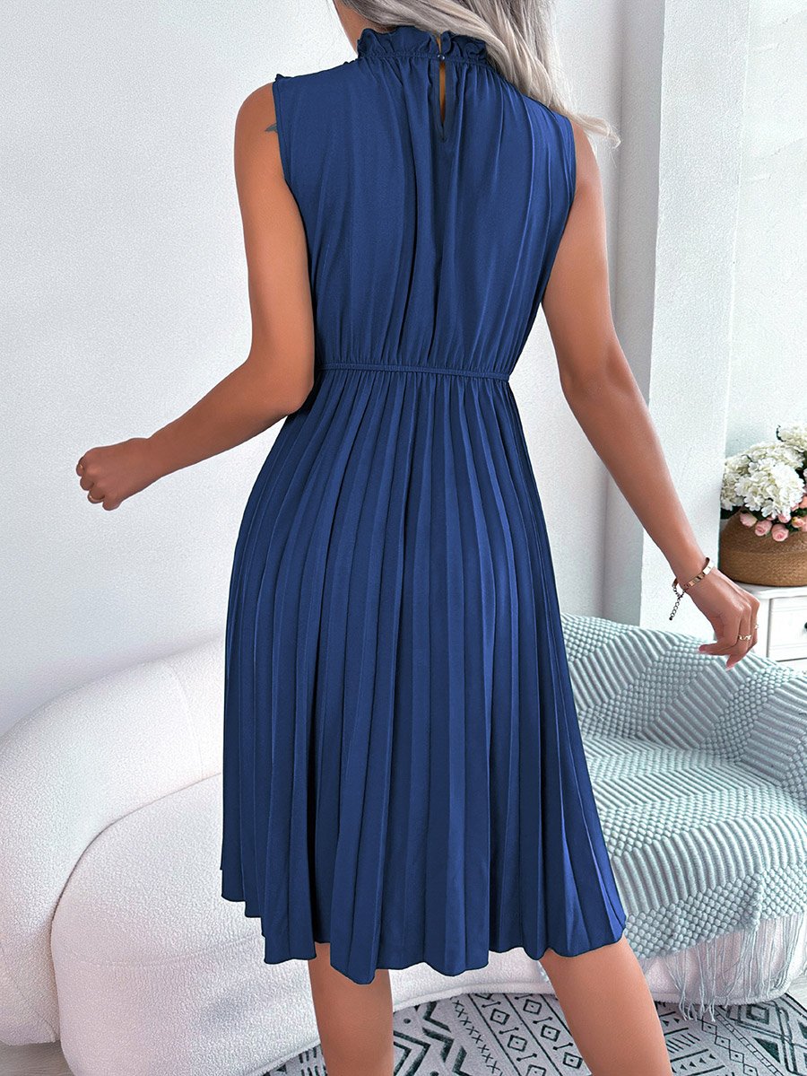 Blue Ruffle Neck Pleated Knee Length Dress