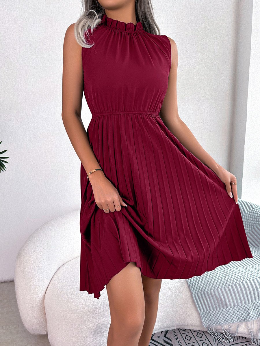 Burgundy Ruffle Neck Pleated Knee Length Dress