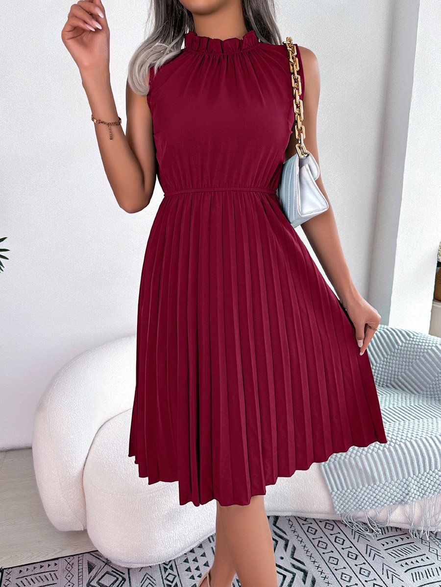 Burgundy Ruffle Neck Pleated Knee Length Dress