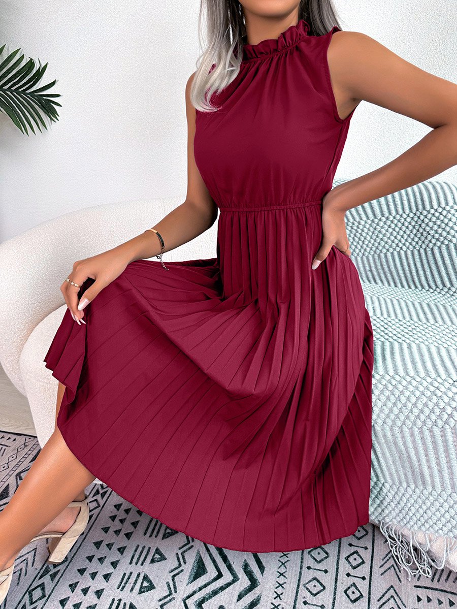 Burgundy Ruffle Neck Pleated Knee Length Dress