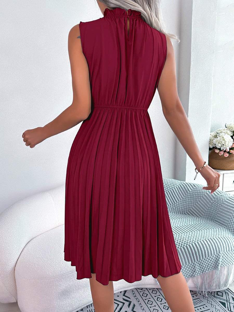 Burgundy Ruffle Neck Pleated Knee Length Dress