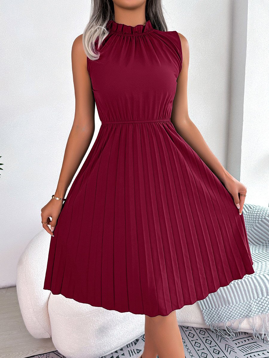 Burgundy Ruffle Neck Pleated Knee Length Dress
