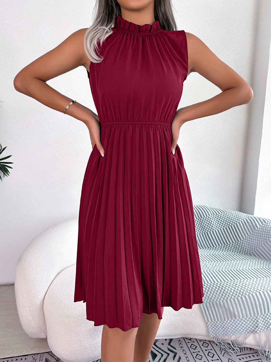 Burgundy Ruffle Neck Pleated Knee Length Dress