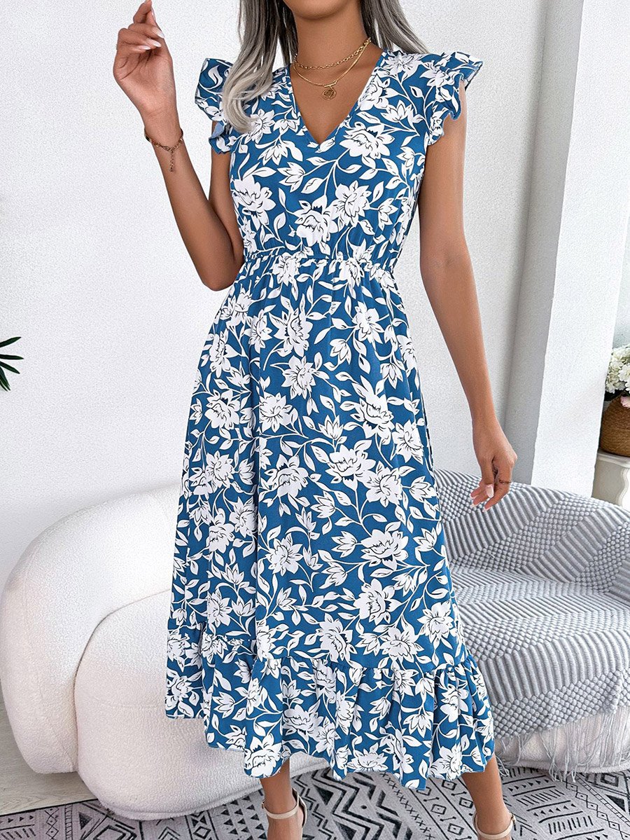 Blue Floral Print Ruffle Sleeve A-Line Midi Dress