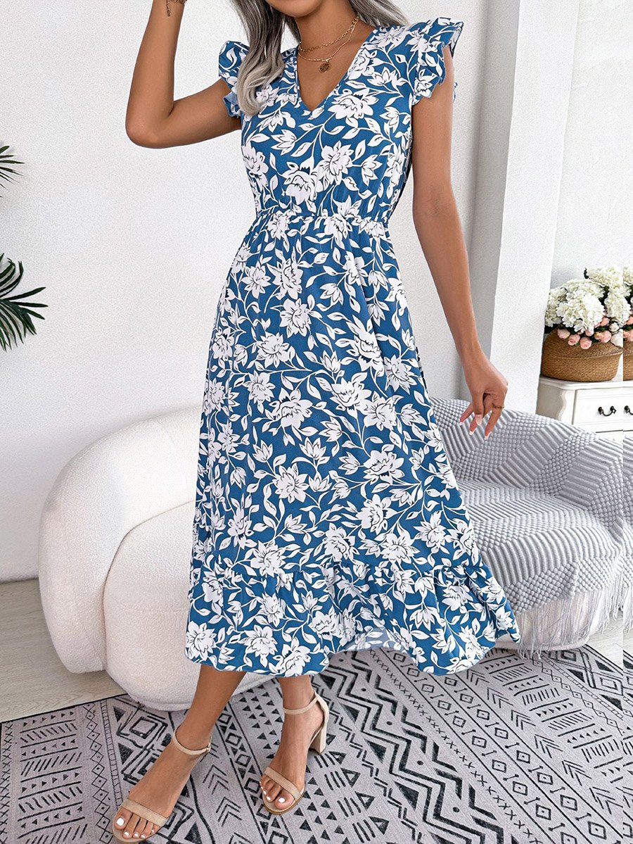 Blue Floral Print Ruffle Sleeve A-Line Midi Dress