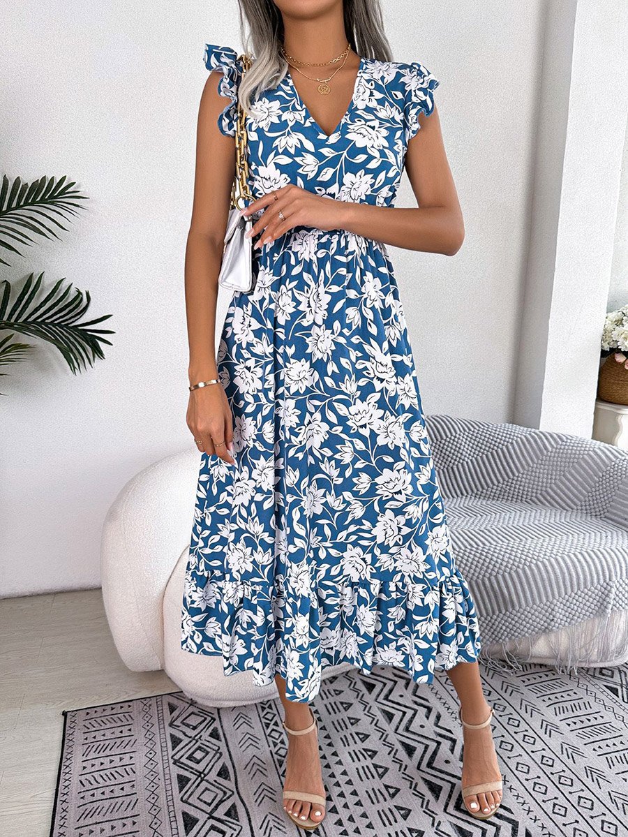 Blue Floral Print Ruffle Sleeve A-Line Midi Dress
