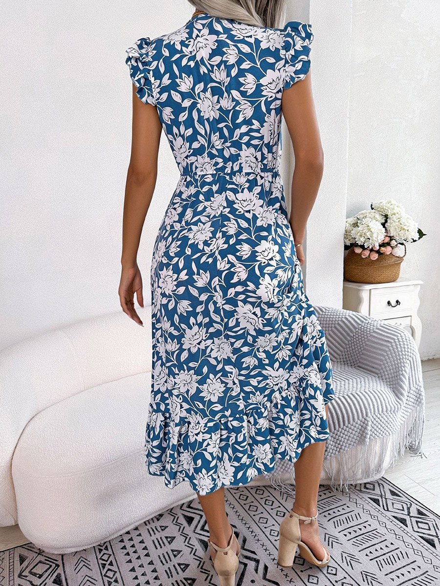 Blue Floral Print Ruffle Sleeve A-Line Midi Dress
