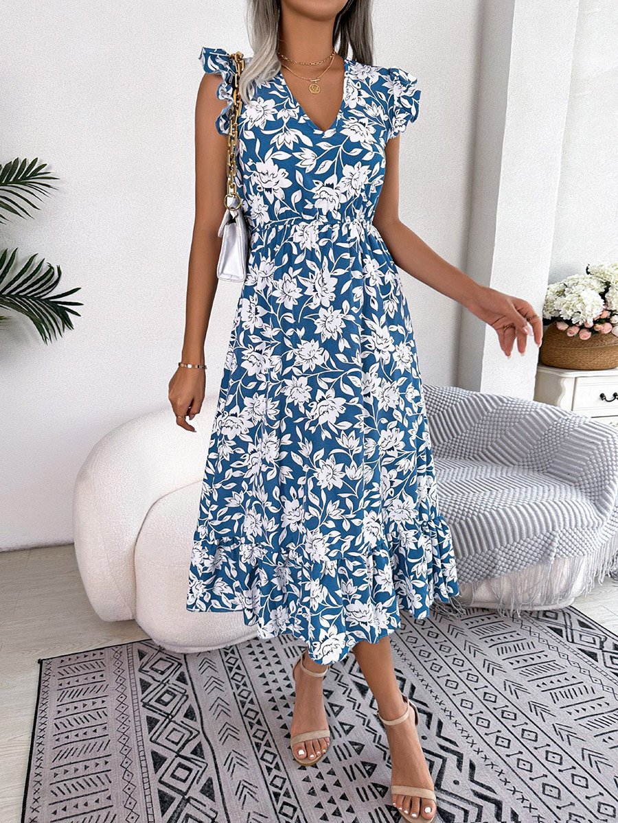 Blue Floral Print Ruffle Sleeve A-Line Midi Dress