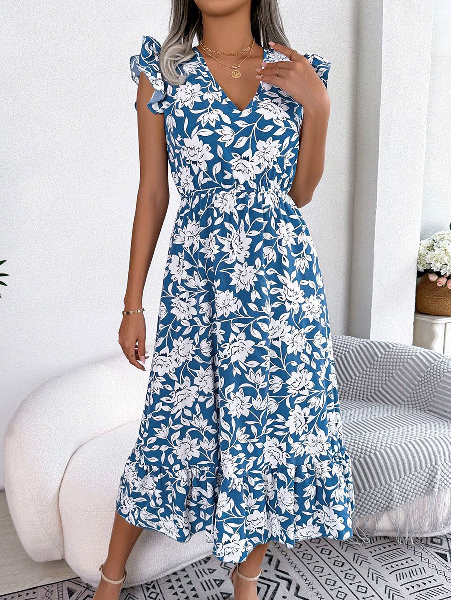 Blue Floral Print Ruffle Sleeve A-Line Midi Dress