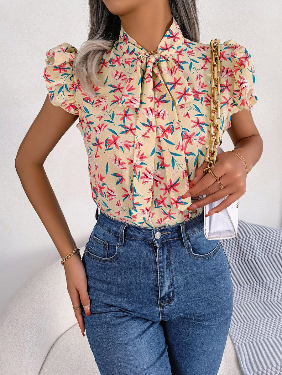 Beige Floral Sleeveless Tie-Neck Top