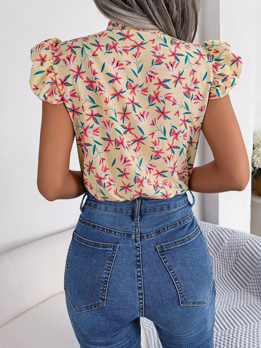 Beige Floral Sleeveless Tie-Neck Top