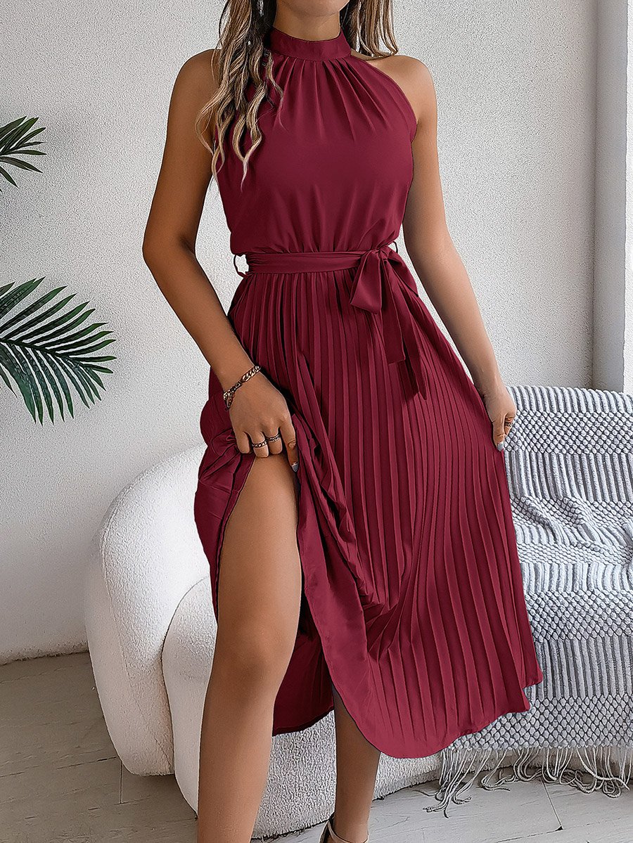 Burgundy Sleeveless Pleated Maxi Dress