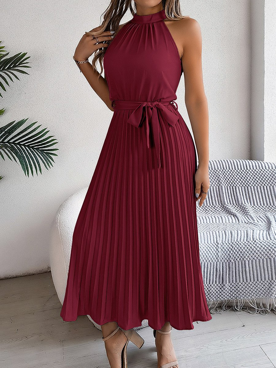 Burgundy Sleeveless Pleated Maxi Dress