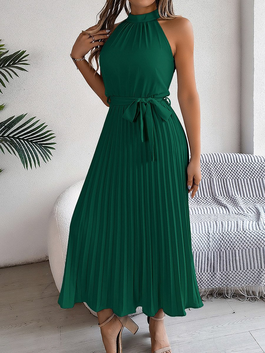 Green Sleeveless Pleated Maxi Dress