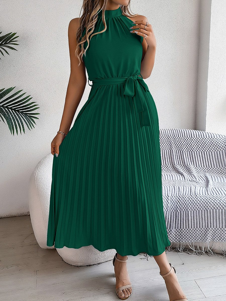 Green Sleeveless Pleated Maxi Dress