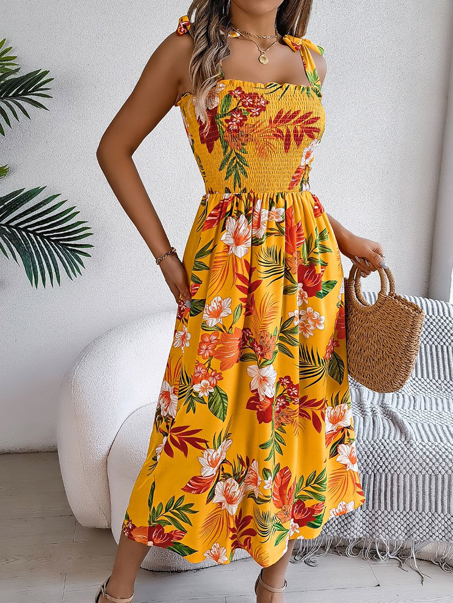 Mustard Tropical Print A-Line Midi Dress