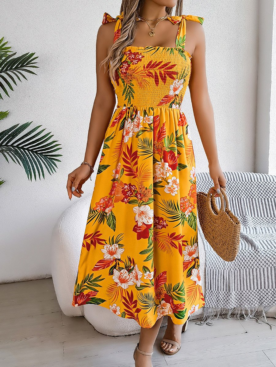 Mustard Tropical Print A-Line Midi Dress
