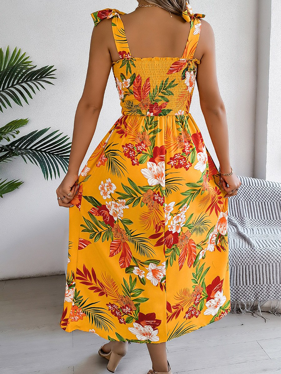 Mustard Tropical Print A-Line Midi Dress
