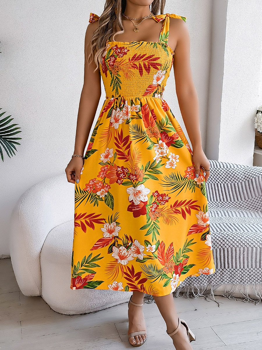Mustard Tropical Print A-Line Midi Dress