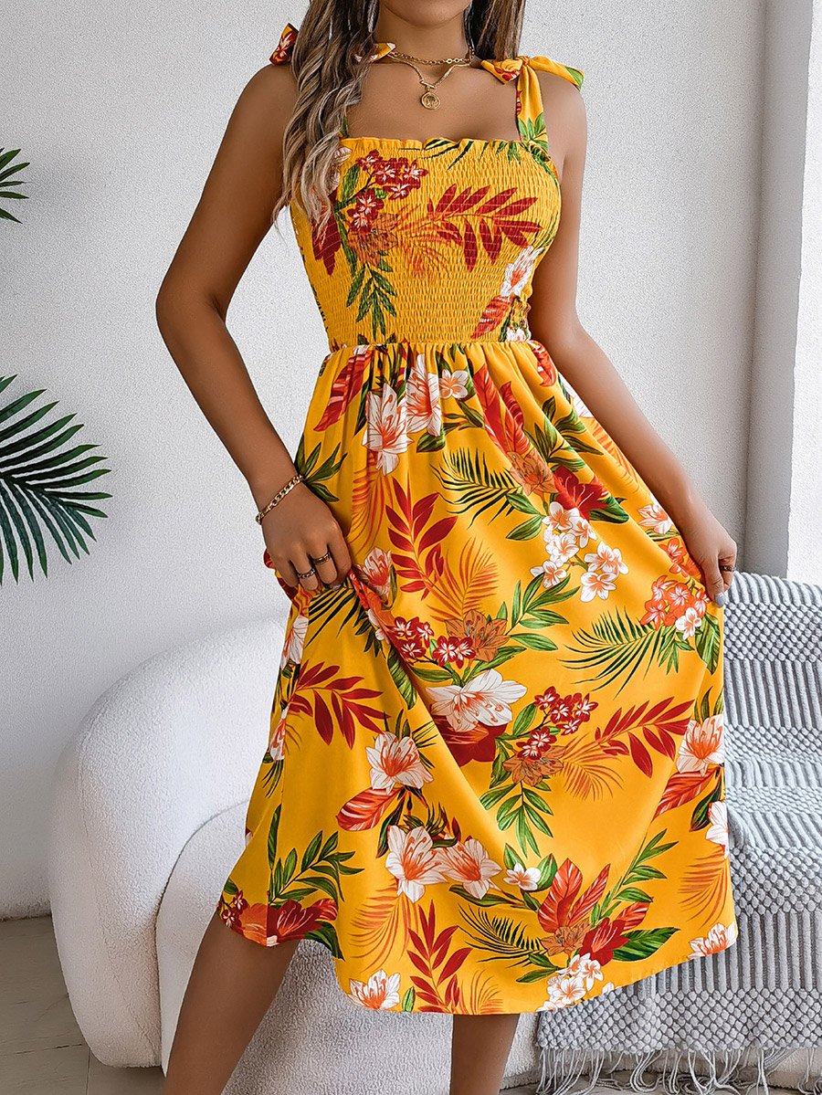 Mustard Tropical Print A-Line Midi Dress