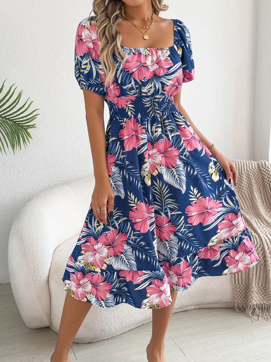 Navy Blue Floral Square Neck A-Line Midi Dress