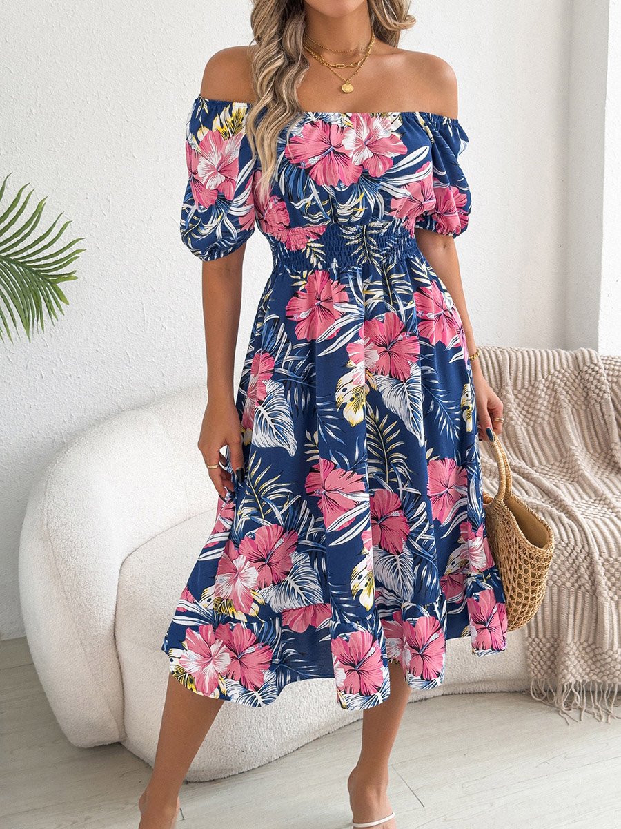 Navy Blue Floral Square Neck A-Line Midi Dress