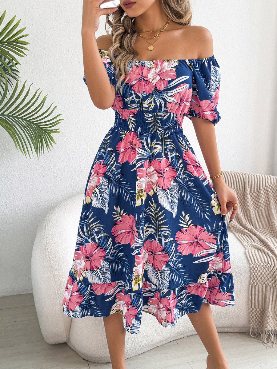 Navy Blue Floral Square Neck A-Line Midi Dress
