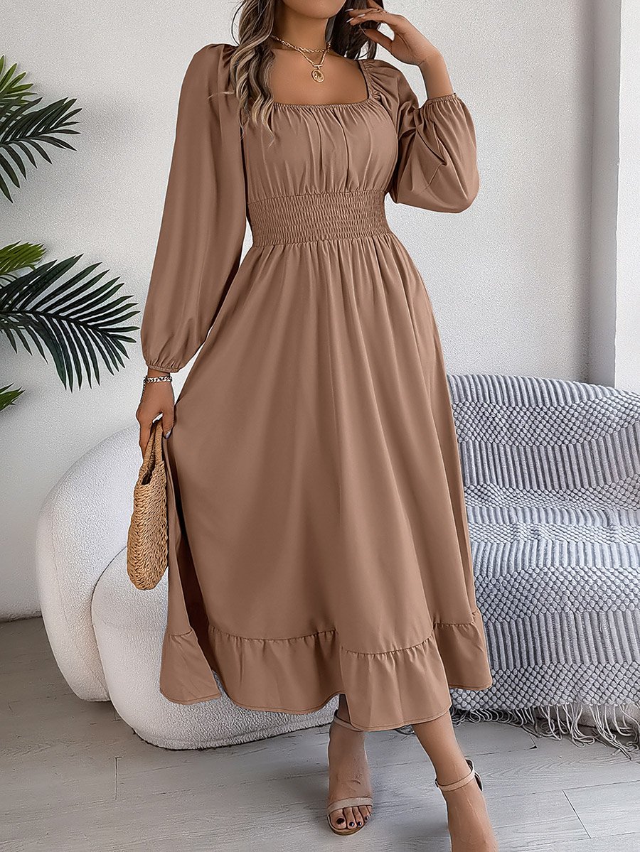 Beige Square Neck Solid Maxi Dress