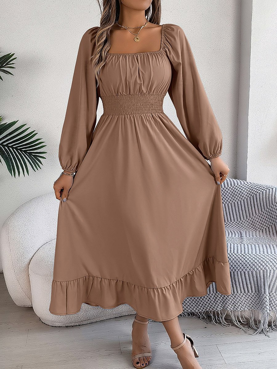 Beige Square Neck Solid Maxi Dress