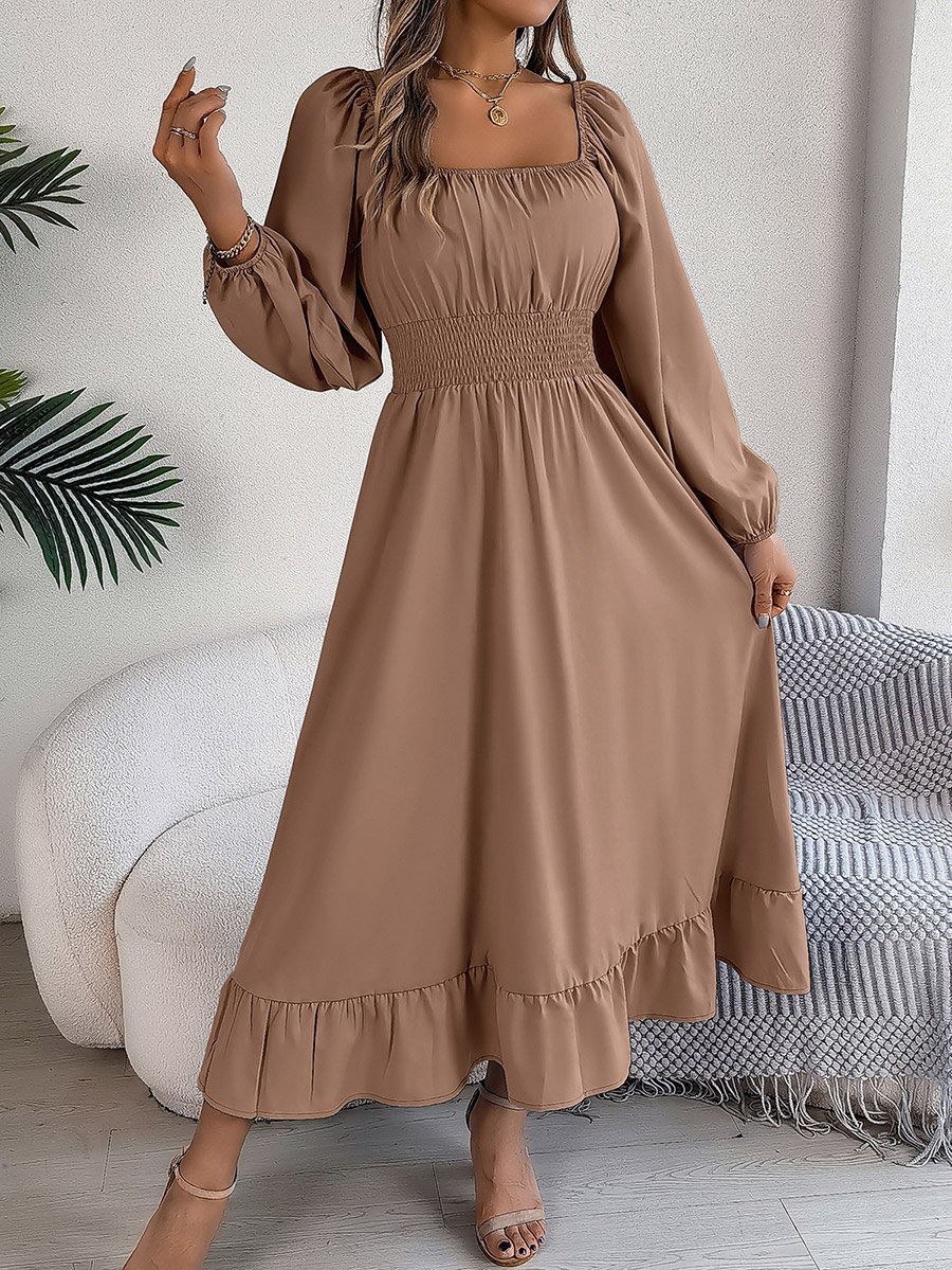 Beige Square Neck Solid Maxi Dress
