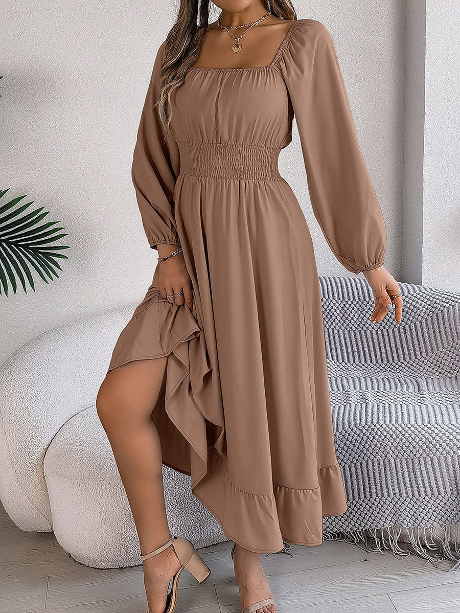 Beige Square Neck Solid Maxi Dress