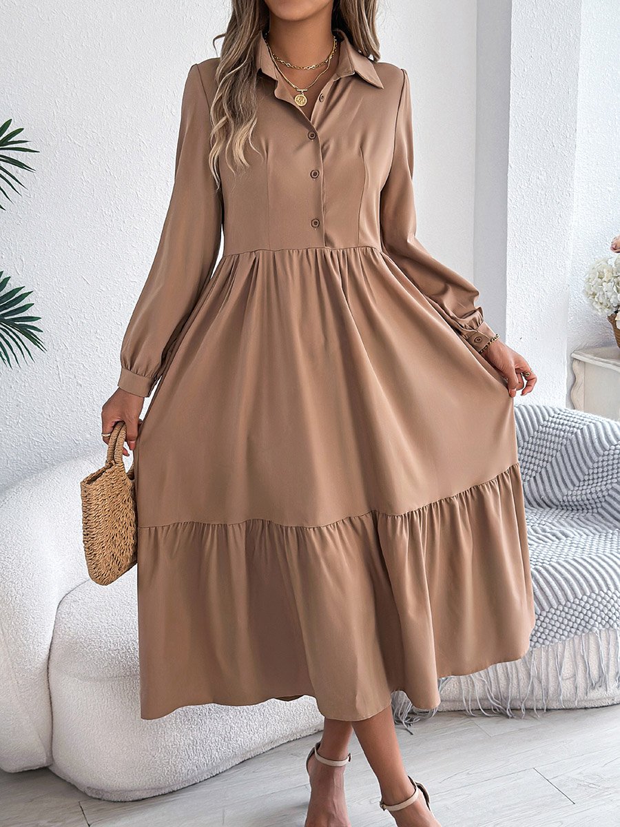 Beige A-Line Midi Dress with Long Sleeves