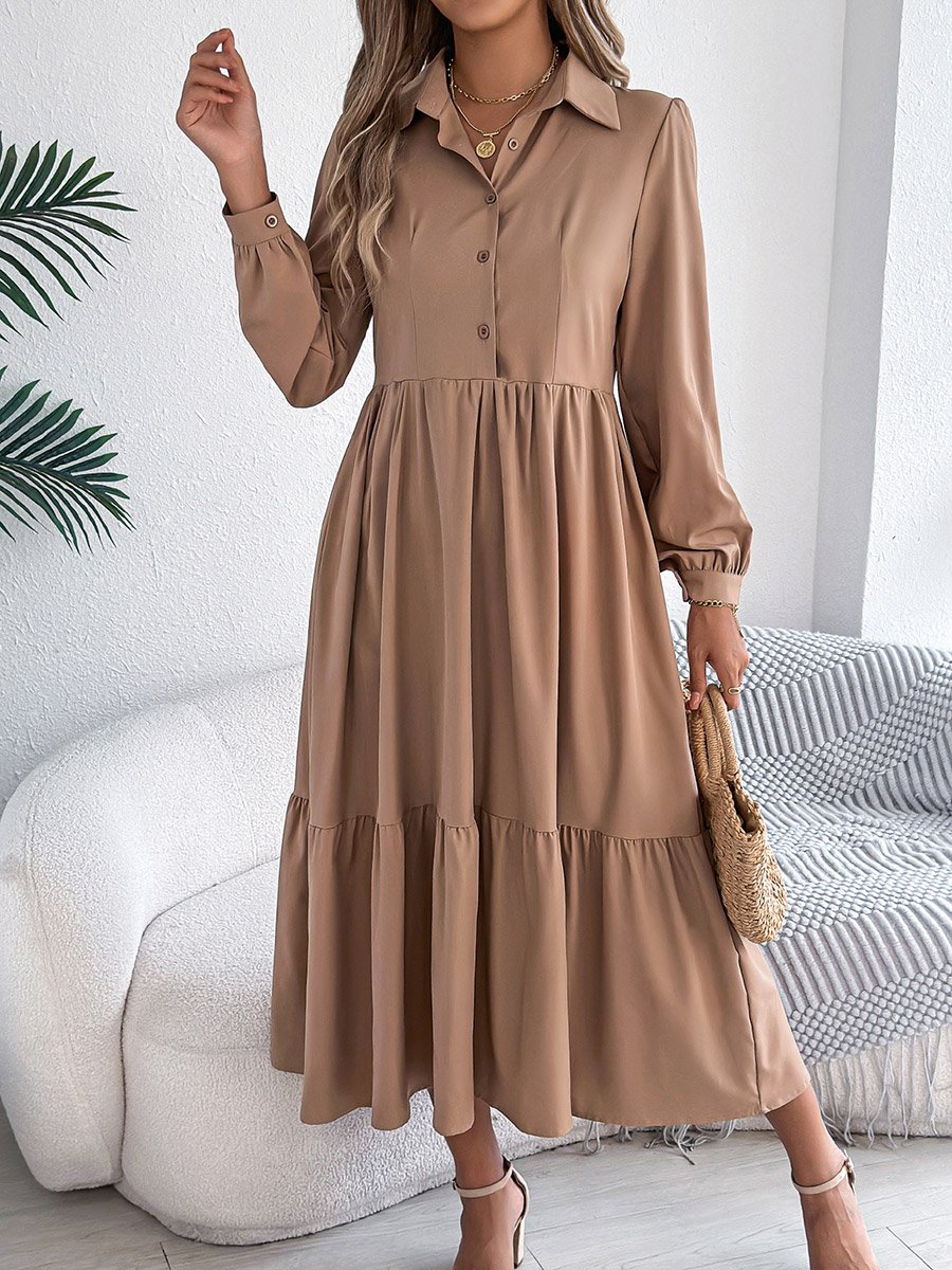 Beige A-Line Midi Dress with Long Sleeves