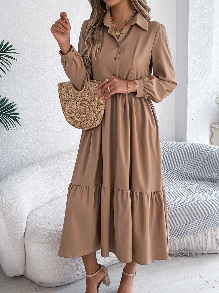 Beige A-Line Midi Dress with Long Sleeves