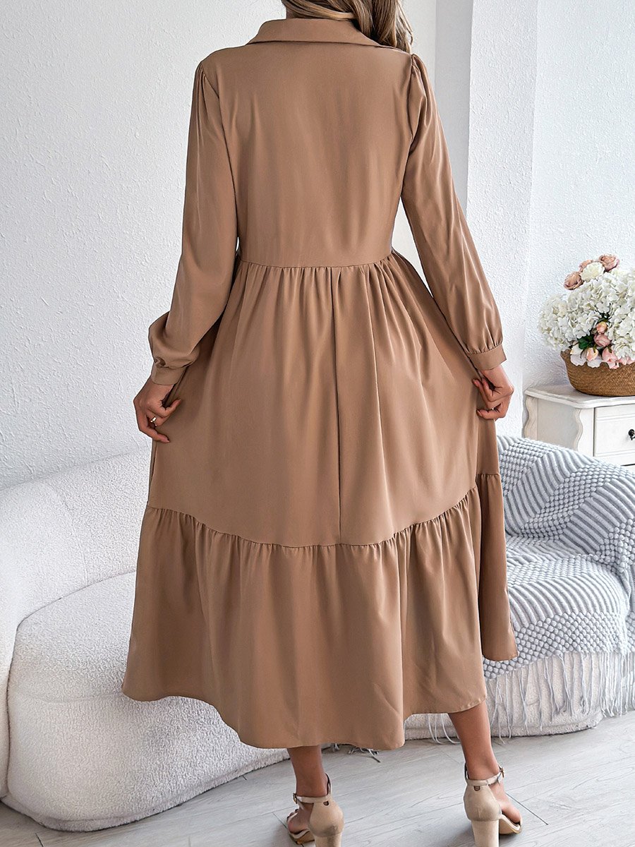 Beige A-Line Midi Dress with Long Sleeves