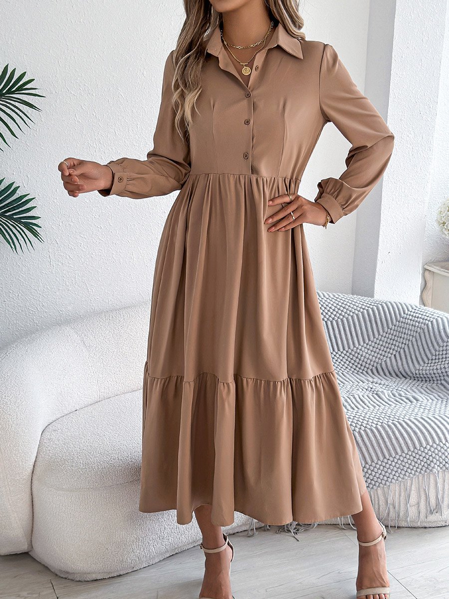 Beige A-Line Midi Dress with Long Sleeves