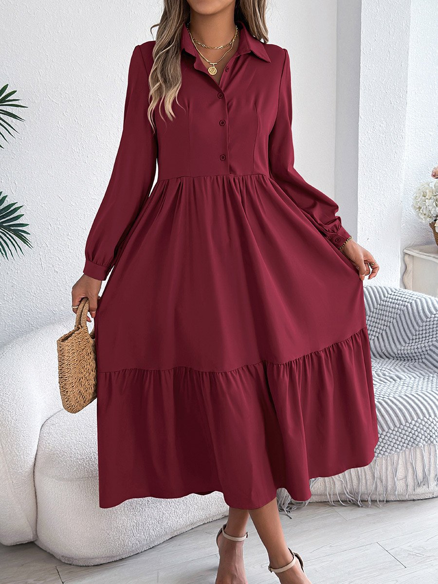 Burgundy A-Line Midi Dress with Long Sleeves