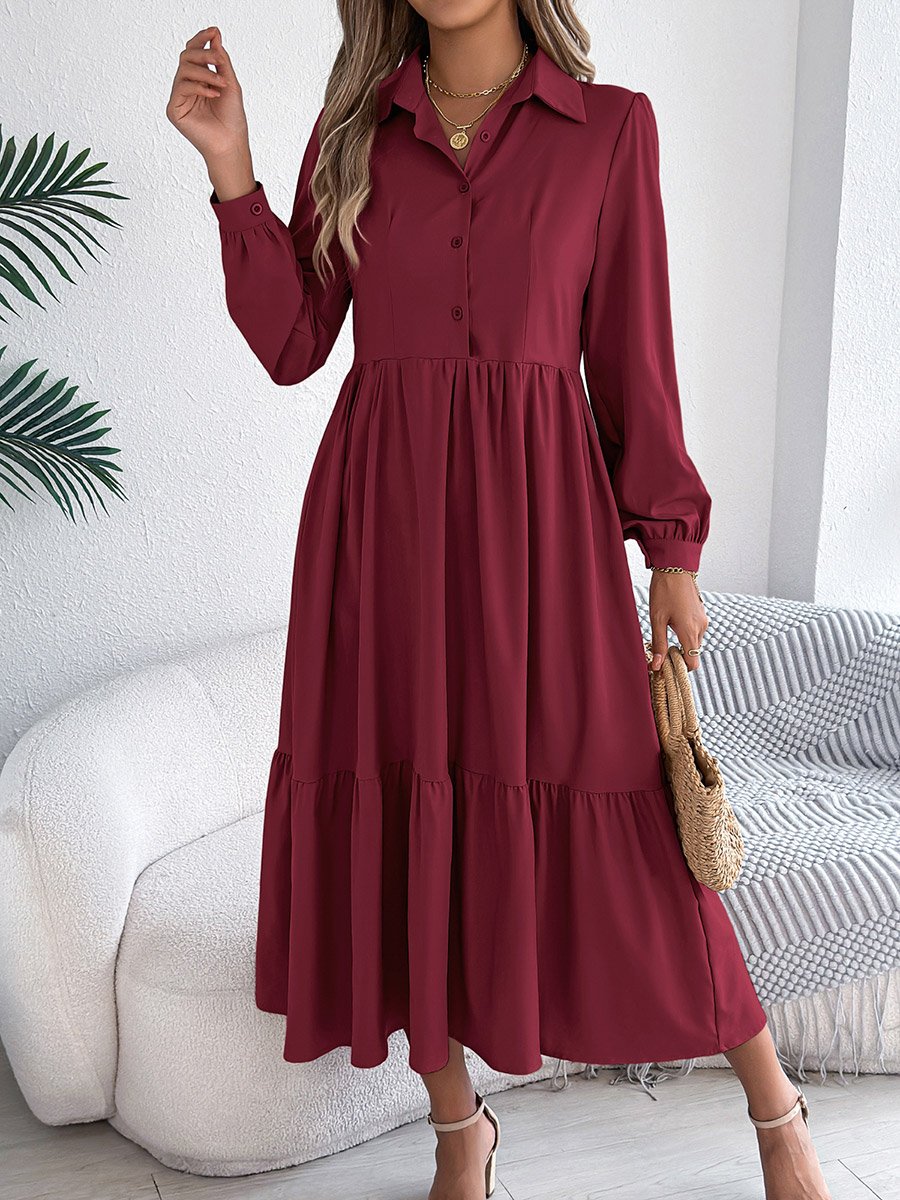Burgundy A-Line Midi Dress with Long Sleeves